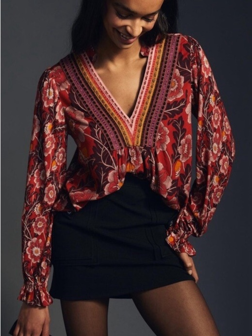 Floral V-Neck Long-Sleeve Blouse in Red